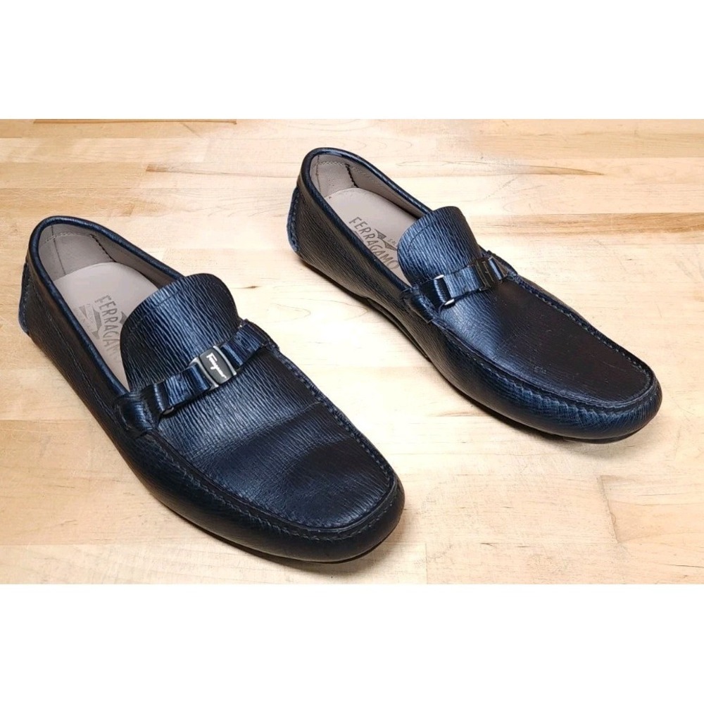 Salvatore Ferragamo AMER Blue Textured Leather‎ Men Drivers Loafer Shoes 9 D